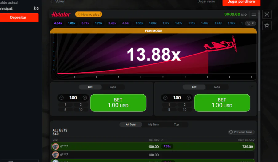 La interfaz del juego Aviator muestra un multiplicador de 13,88x en modo diversión con una apuesta de 1,00 USD.