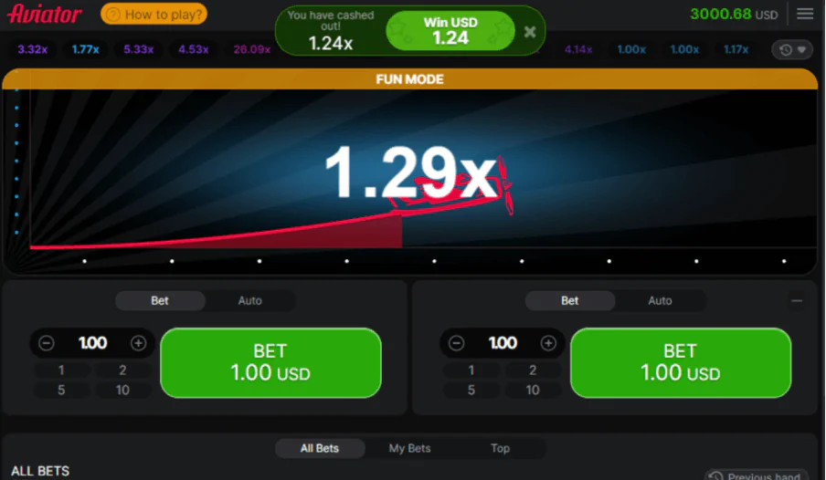 El juego Aviator muestra un multiplicador de 1,29x con un cobro de 1,24x y una apuesta de 1,00 USD.