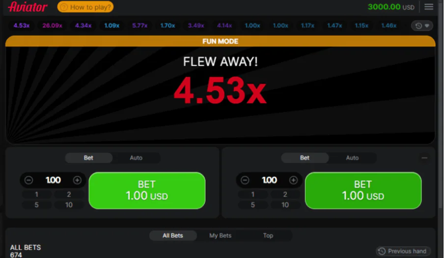 Juego Aviator que muestra el mensaje «Flew Away» con un multiplicador de 4,53x tras una apuesta de 1,00 USD.