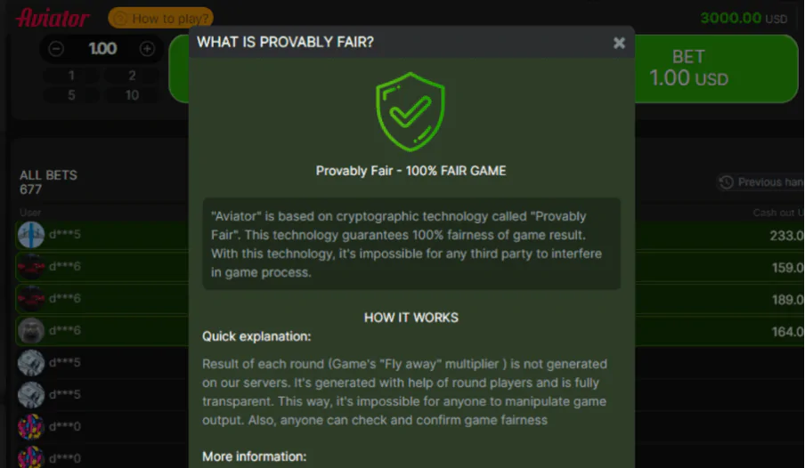Ventana emergente del juego Aviator en la que se explica la tecnología «Provably Fair», que garantiza la imparcialidad del juego al 100%.