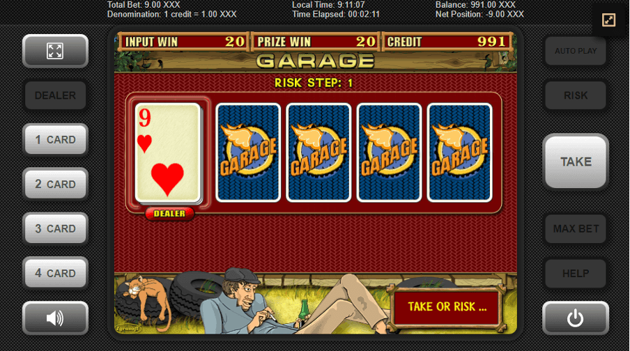 Captura de pantalla del juego «Risk» dentro de la tragaperras «Garage», donde el jugador elige una de cuatro cartas para doblar potencialmente sus ganancias. La carta del crupier, un 9 de corazones, se muestra a la izquierda. El jugador puede elegir una de las cuatro cartas «Garage» boca abajo que aparecen en el centro de la pantalla. El fondo muestra a un mecánico tumbado con una botella de cerveza, un gato cerca y neumáticos al fondo.