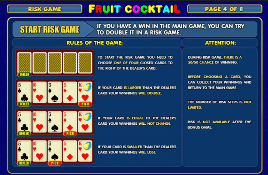 Juego de tragaperras Fruit Cocktail reglas de riesgo y pantalla de instrucciones para doblar las ganancias a través de un juego de cartas.